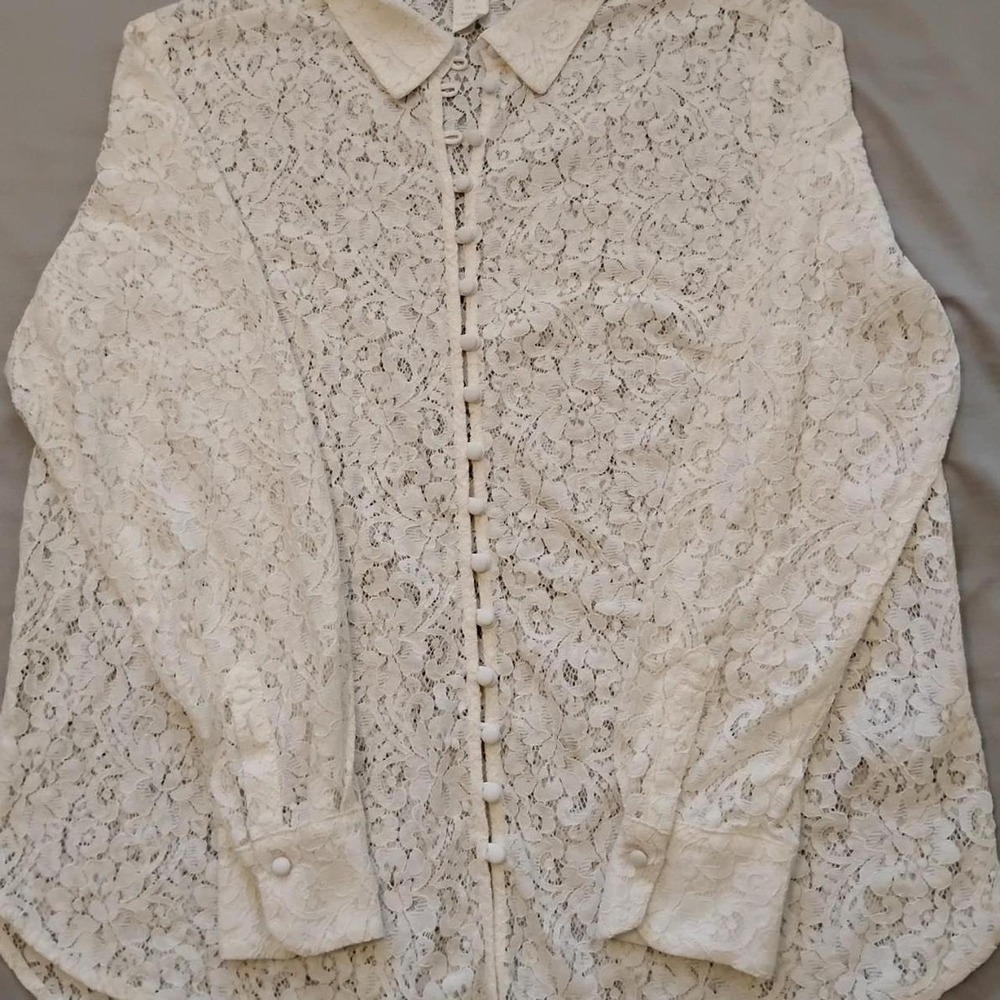 H&M Sheer Floral Lace Button Down Shirt romantic boho long-sleeve preppy clean